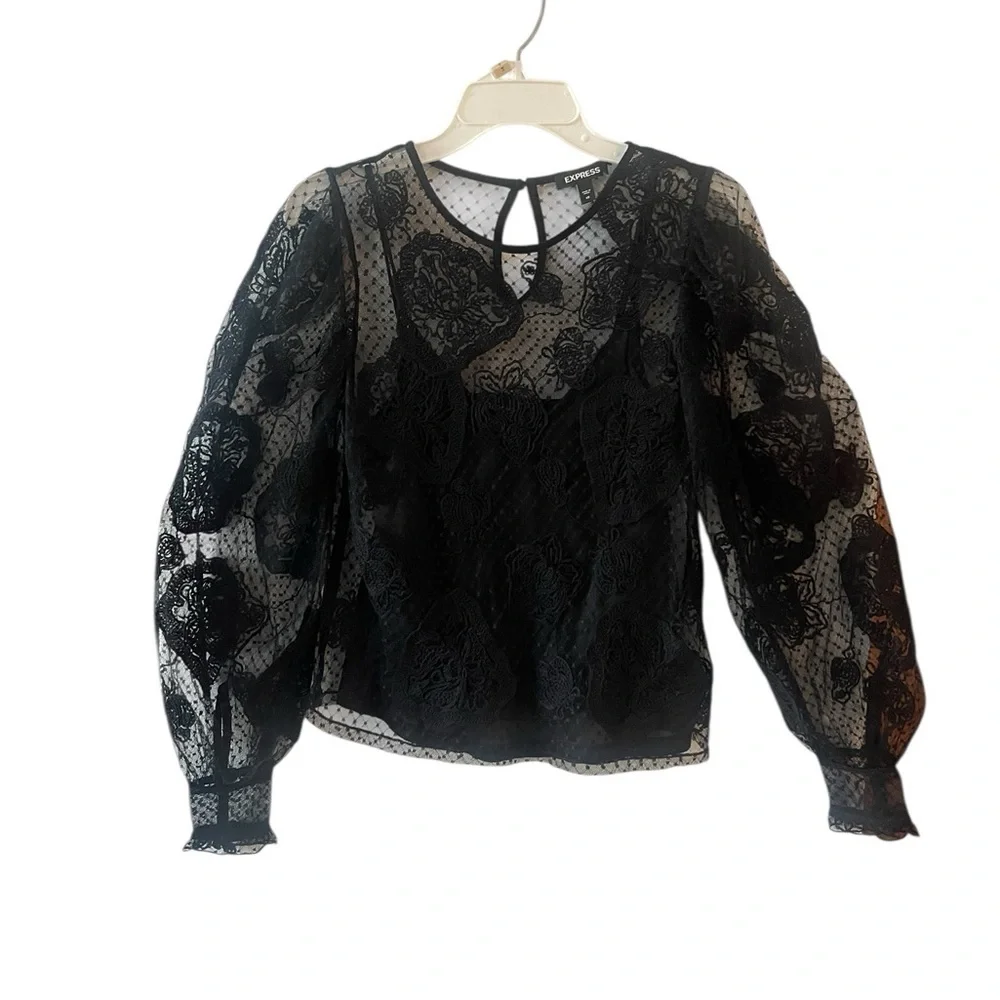 Express Lace Sheer Embroidered Blouse XS Black Long Sleeve Dressy Top - Picture 2 of 5